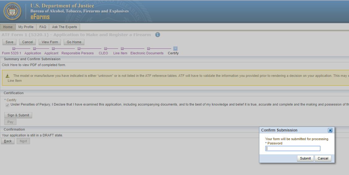 E-Filing ATF Form 1, Part 7: Paying and Submitting Application